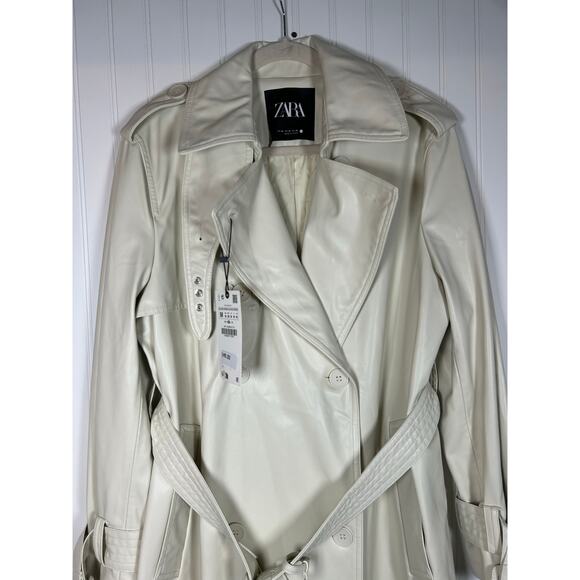Zara Belted Faux Leather cream Trench Coat size medium oversize NWT  - Picture 5 of 16